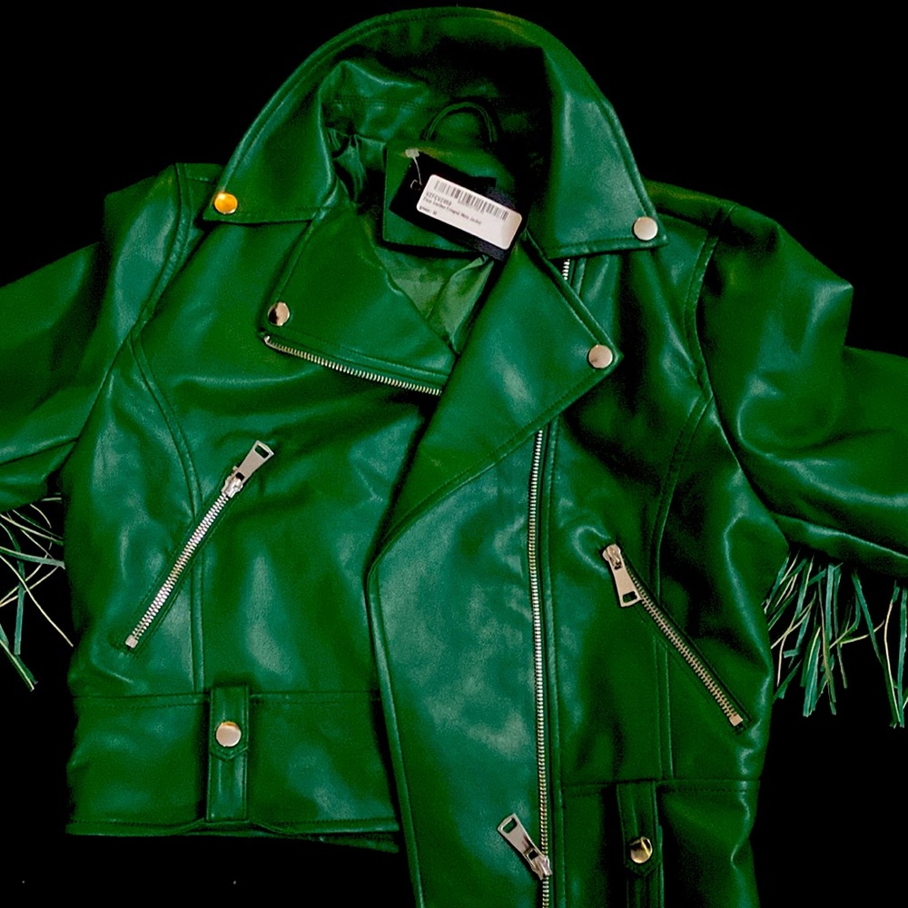 Green faux leather fringed moto jacket in green